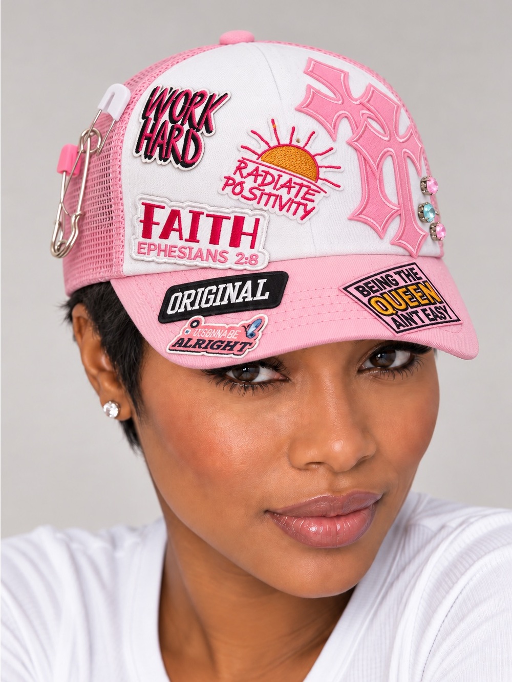 Upcycled Faith Pink Embroidered Patch Juno Trucker Hat
